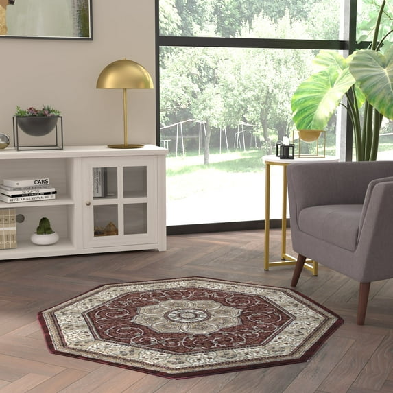 Emma + Oliver 4x4 Burgundy Octagon Accent Rug with Elegant Floral Medallion Center and Floral and Vine Accents in Beige, Green and Ivory