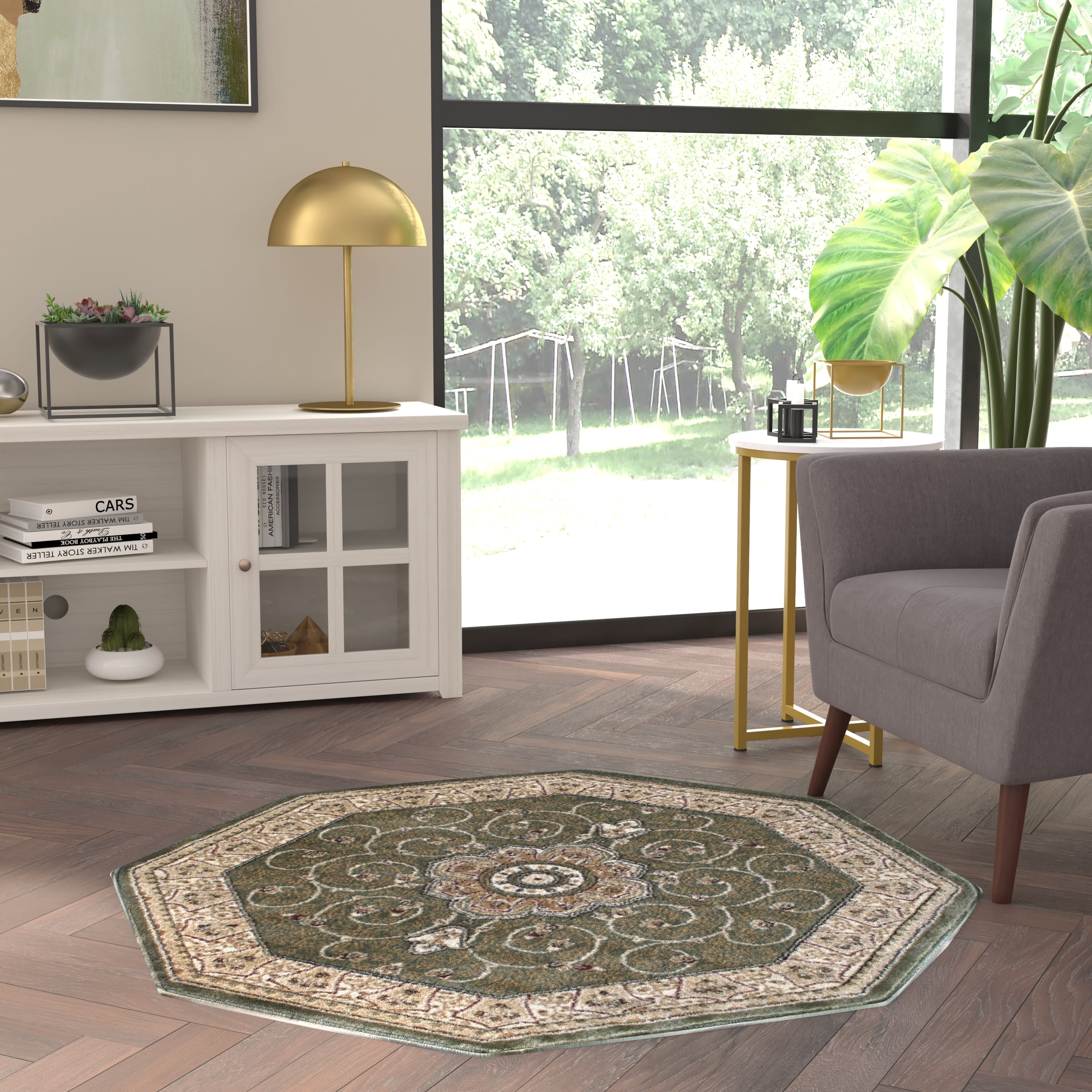 Emma Oliver 4x4 Green Octagon Accent Rug With Elegant Fl Medallion Center And Vine Accents In Beige Burdy Ivory Com
