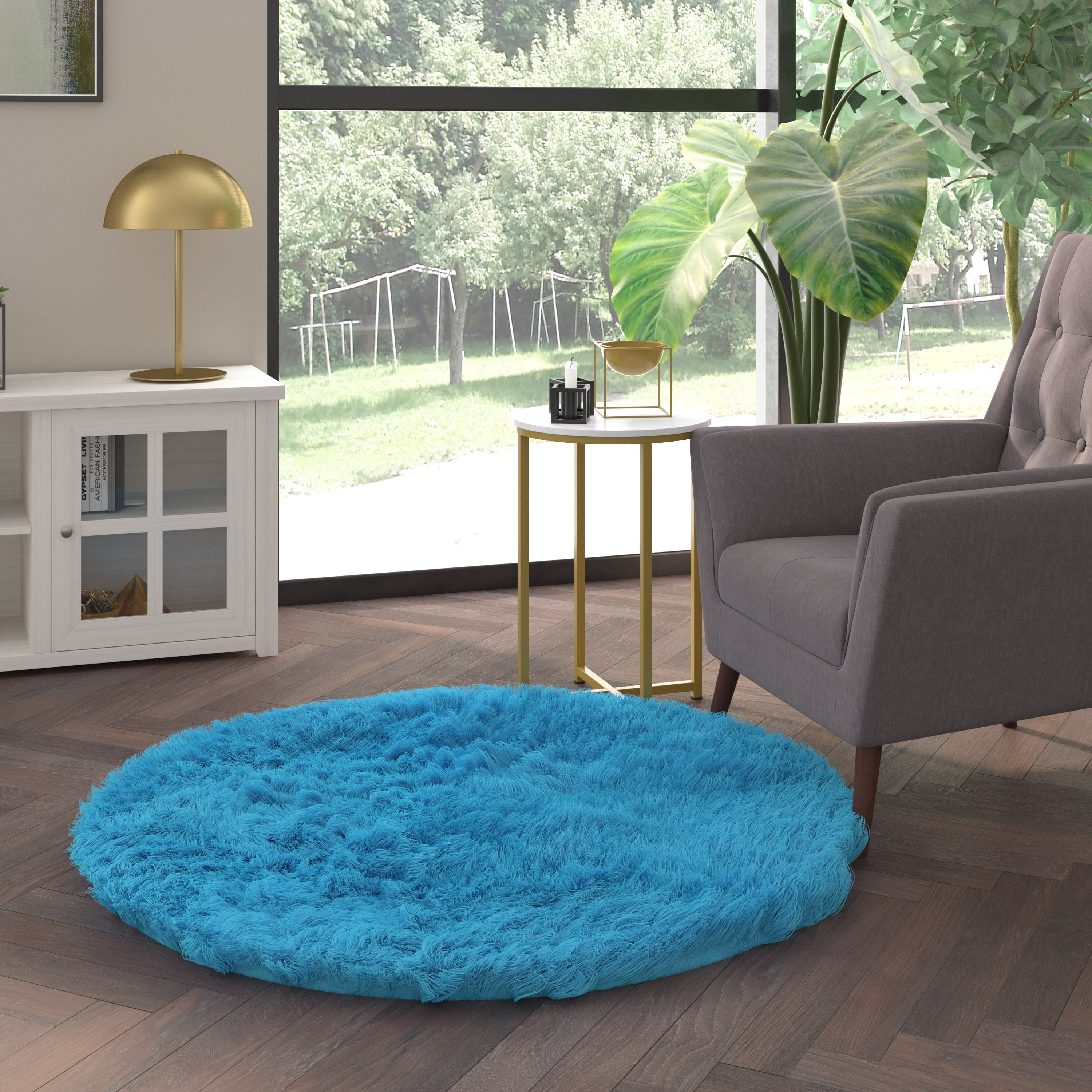 Emma + Oliver 4x4 Round Luxury Faux Fur Shag Rug in Turquoise with ...