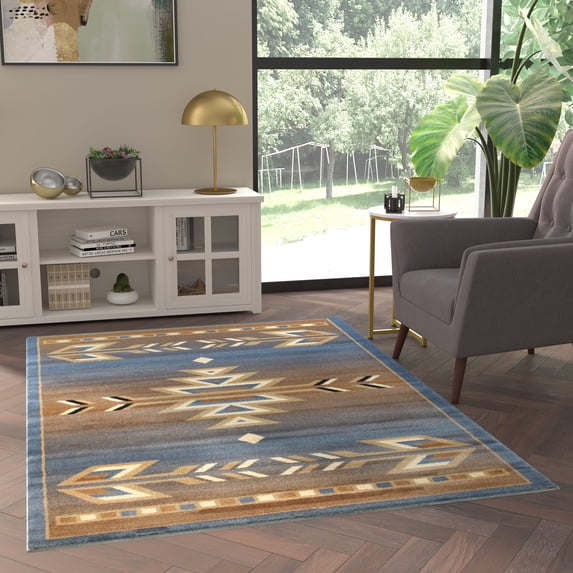 Emma + Oliver 4x5 Olefin Accent Rug with Southwestern Geometric Arrow Design in Blue, Black, Beige & Ivory and Natural Jute Backing