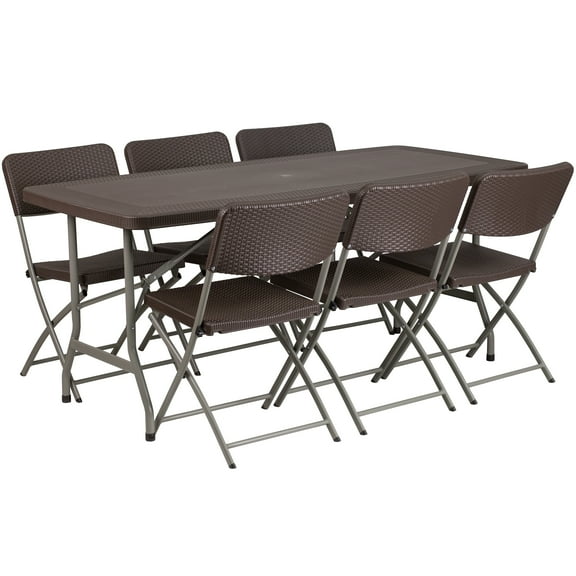 Emma + Oliver 5.62-Foot Brown Rattan Indoor-Outdoor Plastic Folding Table Set with 6 Chairs