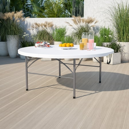 Emma + Oliver 5.89-Foot Round Bi-Fold Granite White Plastic Banquet Folding Table with Handle
