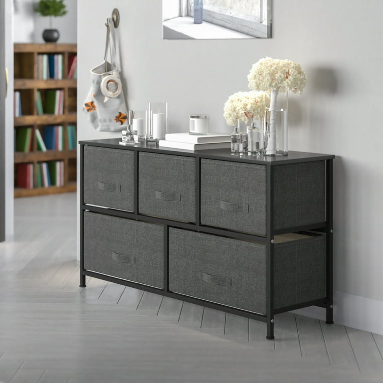 Emma + Oliver 2 Drawer Storage Stand with White Wood Top & Light Gray  Fabric Pull Drawers