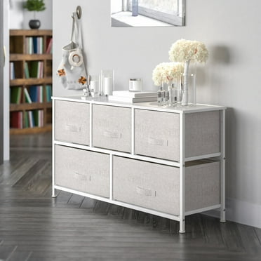 Emma + Oliver 5 Drawer Storage Chest with Black Wood Top & Light Gray Fabric Pull Drawers