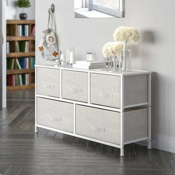 Emma + Oliver 5 Drawer Storage Chest with White Wood Top & Light Gray Fabric Pull Drawers