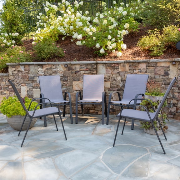 Emma + Oliver 5 Pack Gray Outdoor Stack Chair with Flex Comfort Material and Metal Frame