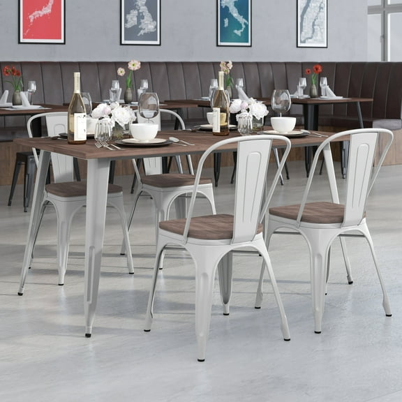 Emma + Oliver 30.25" x 60" Silver Metal/Wood Table Set - 4 Stack Chairs