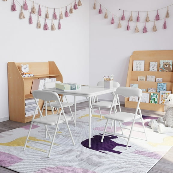 Emma + Oliver 5 Piece Kids Folding Table and Chair Set with White Vinyl Tabletop, Backrest and Seat
