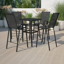 Emma + Oliver 5 Piece Outdoor Bar Height Set-Glass Patio Bar Table-Black All-Weather Barstools