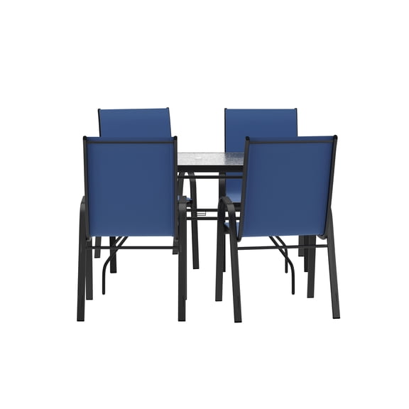 Emma + Oliver 5 Piece Outdoor Dining Set with Tempered Glass Top Patio Table and 4 Navy Flex Comfort Textilene Stacking Chairs
