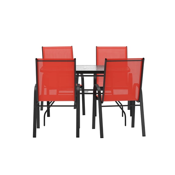 Emma + Oliver 5 Piece Outdoor Dining Set with Tempered Glass Top Patio Table and 4 Red Flex Comfort Textilene Stacking Chairs