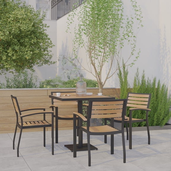 Emma + Oliver 5 Piece Outdoor Patio Dining Table Set with 30" Square Faux Teak Table and 4 Stackable Chairs with Teak Accented Arms