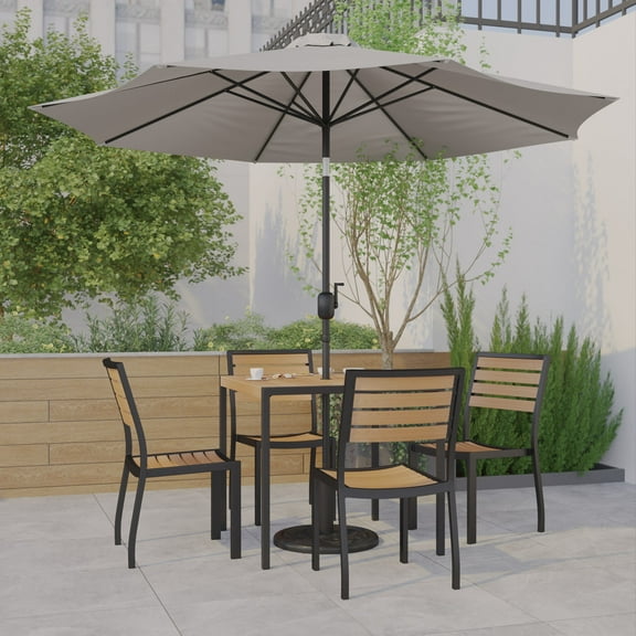 Emma + Oliver 5 Piece Patio Table Set - 4 Synthetic Faux Teak Stackable Chairs - 35" Square Faux Teak Table - Gray Umbrella with Base