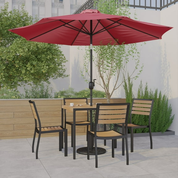 Emma + Oliver 5 Piece Patio Table Set - 4 Synthetic Faux Teak Stackable Chairs - 35" Square Faux Teak Table - Red Umbrella with Base