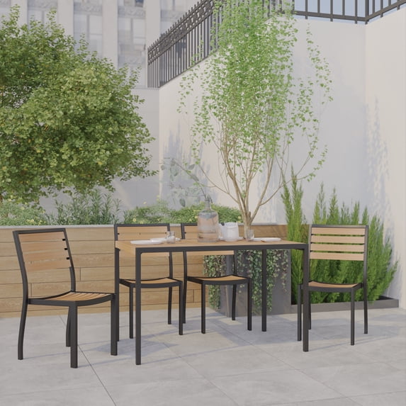 Emma + Oliver 5 Piece Patio Table Set, 30in x 48in Brown synthetic teak poly slats