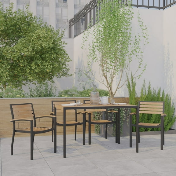 Emma + Oliver 5 Piece Patio Table Set - Synthetic Teak Poly Slats - 30" x 48" Steel Framed Table with Umbrella Holder Hole - 4 Stackable Club Chairs