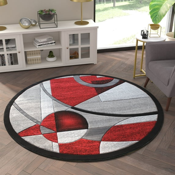 Emma + Oliver 5'x5' Round Accent Rug with Abstract Geometric Design in Gradient Shades of Red, Gray, Black and White with Jute Backing