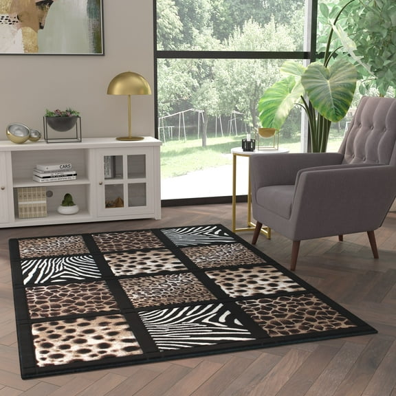 Emma + Oliver 5'x7' Animal Print Olefin Accent Rug with Raised Cheetah, Leopard, Zebra and Giraffe Print Squares on Black Background
