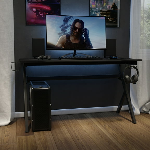 Emma + Oliver 55" Black Computer Gaming Desk - Headphone Holder - Cable Management - Mouse Pad