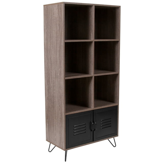 Emma + Oliver 59.25"H 6 Cube Storage Organizer Bookcase, Metal Legs - Rustic Wood Grain Finish