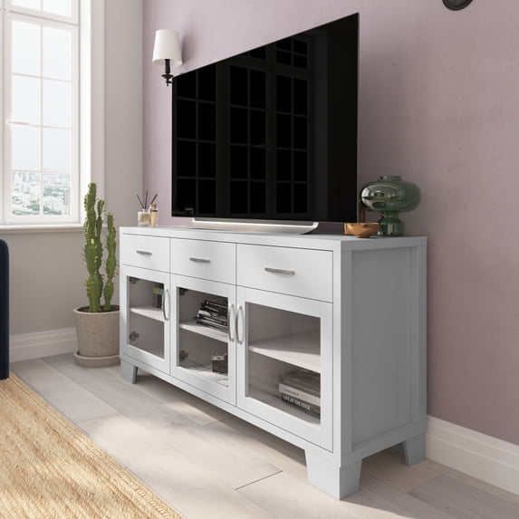 Emma + Oliver 59" Engineered Wood Buffet Sideboard Storage Cabinet for Kitchen/Dining Room with 3 Drawers and 3 Tempered Glass Doors in White