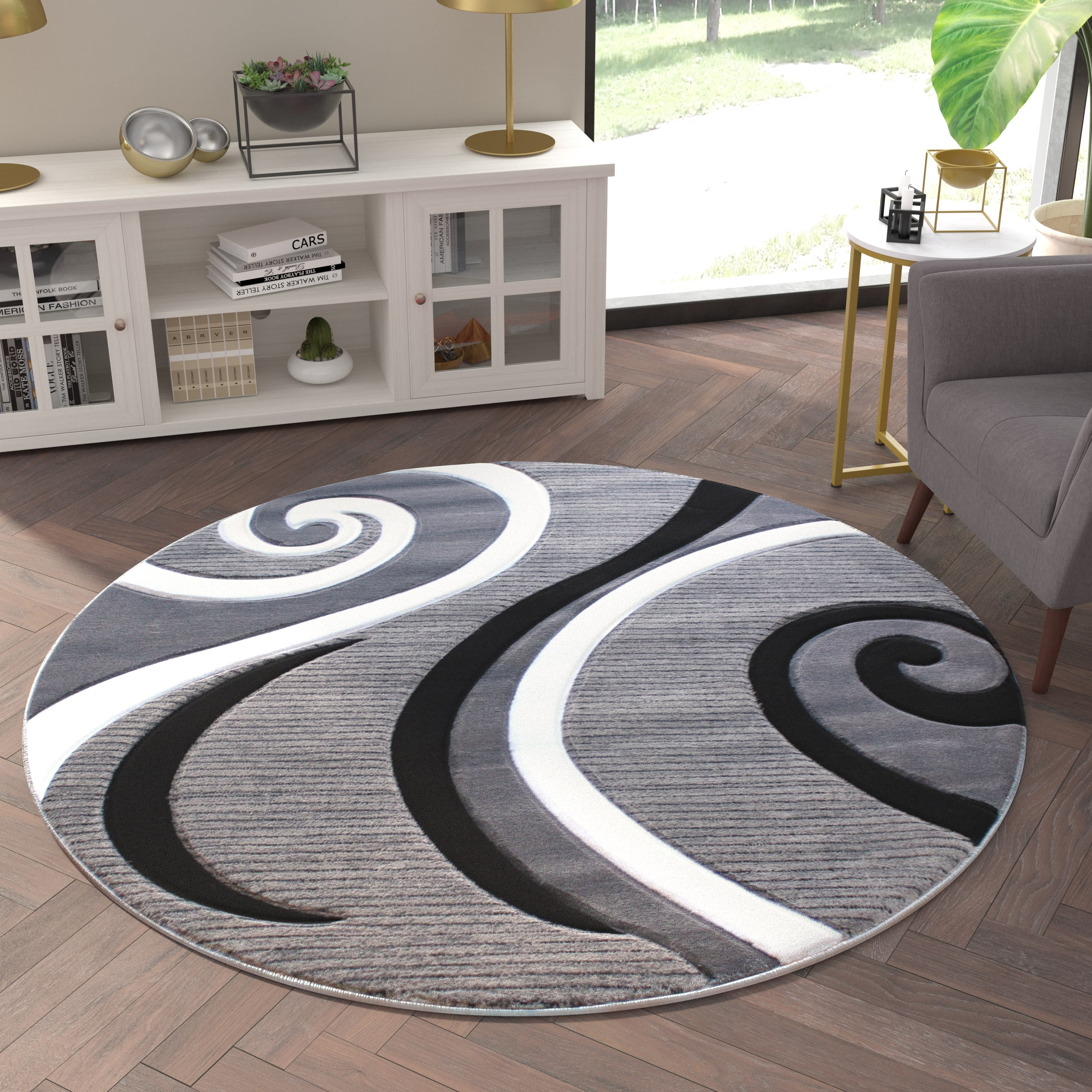 Emma And Oliver 5x5 Round Accent Rug With Modern 3d Sculpted Swirl Pattern  And Varied Texture Piling In Black, White & Gray : Target