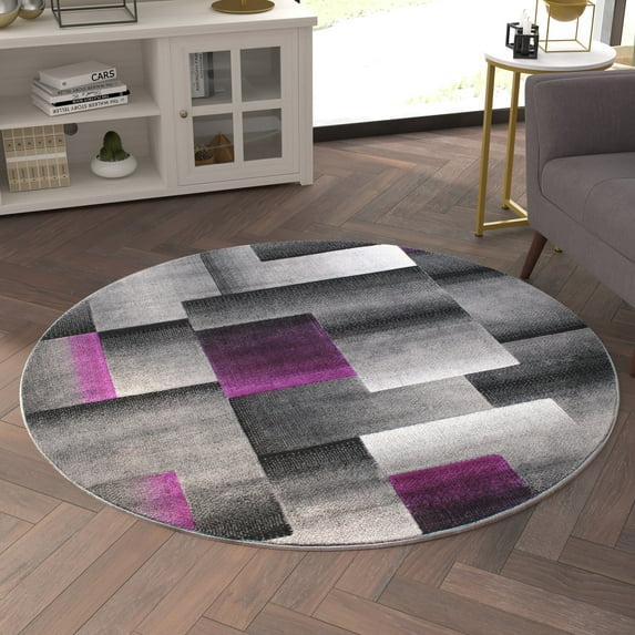 Emma + Oliver 5x5 Round Modern Cubist Olefin Accent Rug in Gradient Shades of Black, Gray and Purple with Natural Jute Backing