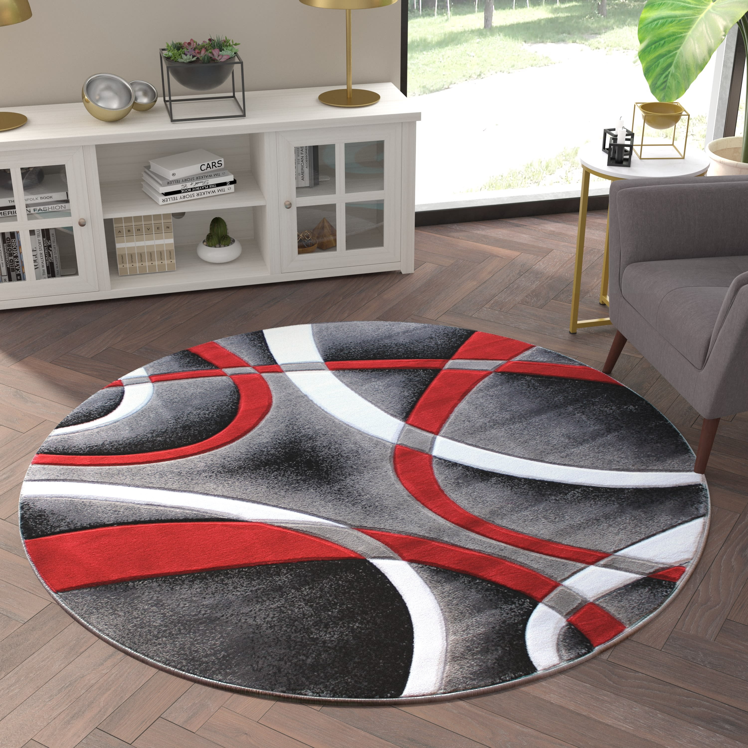 Emma + Oliver 5x5 Round Olefin Accent Rug with 3D Sculpted Intersecting  Arch Design in Red, Gray, Black and White with Jute Backing 