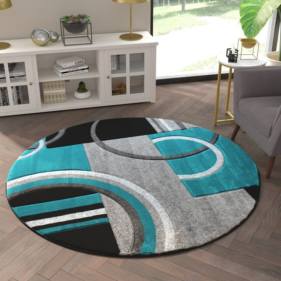 Emma + Oliver 5x5 Round Olefin Accent Rug with Modern Geometric Pattern in Turquoise, Gray, Black & White with Natural Jute Backing