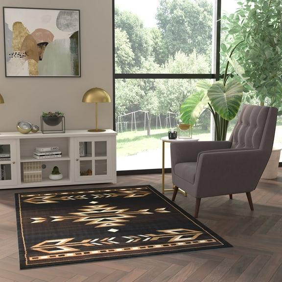 Emma + Oliver 5x7 Brown Olefin Accent Rug with Southwestern Geometric Arrow Design in Beige, Black and White and Natural Jute Backing