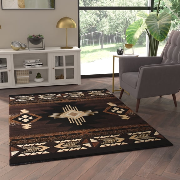 Emma + Oliver 5x7 Chocolate Olefin Accent Rug with Complementary Southwestern Pattern in Beige, Black and Brown and Jute Backing