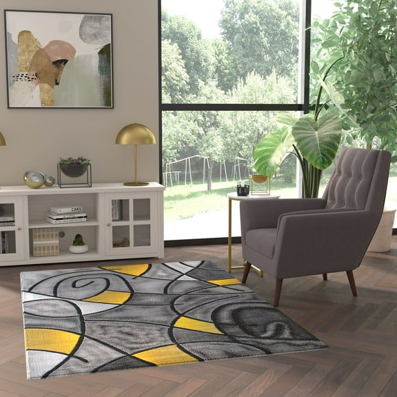 Emma + Oliver 5x7 Contemporary Abstract Geometric Olefin Accent Rug in Gradient Shades of Gray and Yellow with Natural Jute Backing