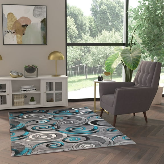 Emma + Oliver 5x7 Contemporary Olefin Accent Rug with Modern Swirl Design in Turquoise, Gray and Black and Natural Jute Backing