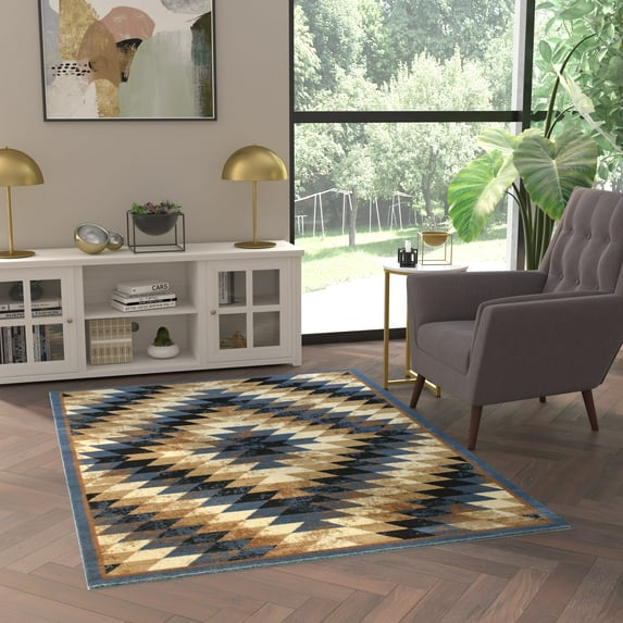 Emma + Oliver 5x7 Distressed Southwestern Diamond Motif Plush Pile Olefin Accent Rug in Blue, Beige, Brown and Black - Jute Backing