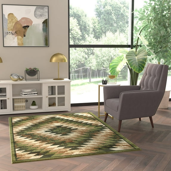 Emma + Oliver 5x7 Distressed Southwestern Diamond Motif Plush Pile Olefin Accent Rug in Green, Beige, Brown and Black - Jute Backing