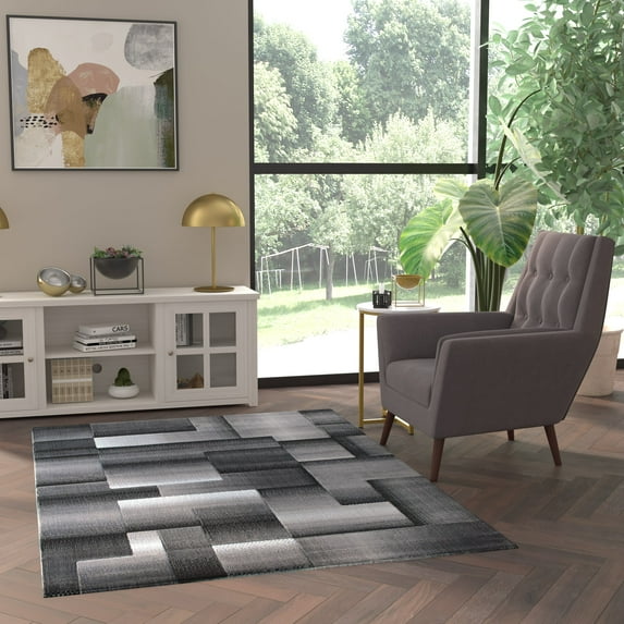 Emma + Oliver 5x7 Modern Cubist Olefin Accent Rug in Gradient Shades of Black, Gray and White with Natural Jute Backing