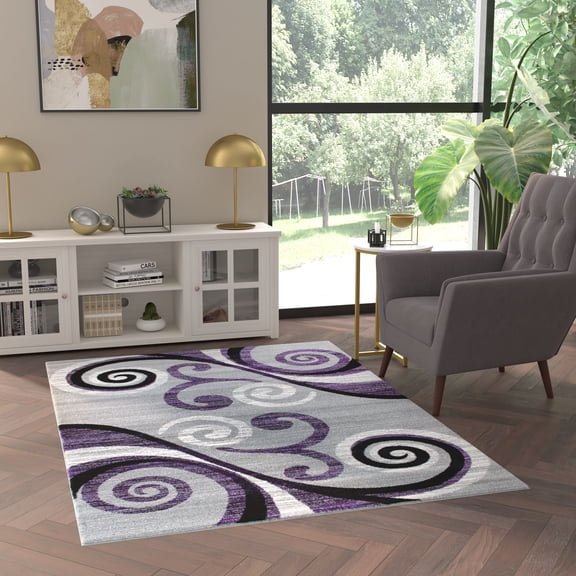 Emma + Oliver 5x7 Scraped Look Ultra Soft Plush Pile Olefin Accent Rug in Purple, Gray, Black and White Swirl Pattern, Jute Backing