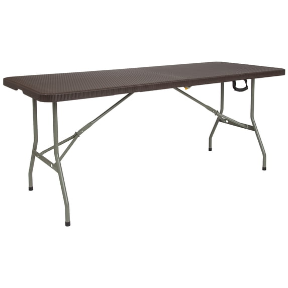 Emma + Oliver 6-Foot Bi-Fold Brown Rattan Plastic Folding Table with Handle - Event Table