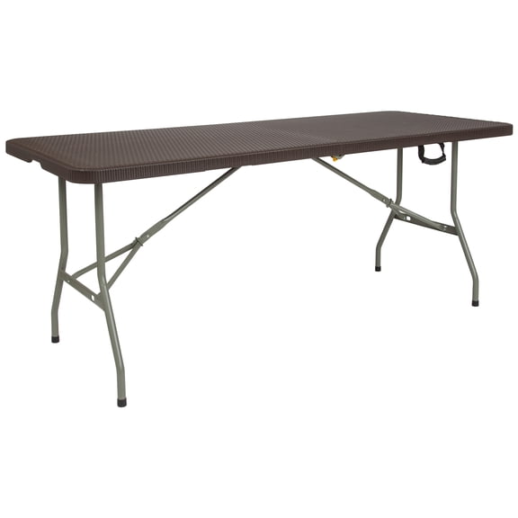 Emma + Oliver 6-Foot Bi-Fold Brown Rattan Plastic Folding Table with Handle - Event Table