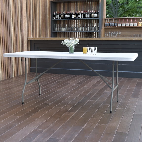 Emma + Oliver 6-Foot Bi-Fold Granite White Plastic Banquet and Event Folding Table with Handle