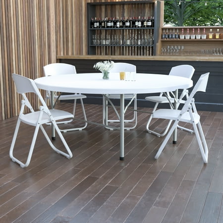 Emma + Oliver 6-Foot Round Bi-Fold Granite White Plastic Event Folding Table with Handle