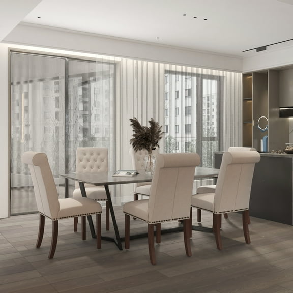 Emma + Oliver 6 PK Beige Fabric Upholstered Rolled Back Parsons Chair with Nailhead Trim & Walnut Finished Frame with Plastic Floor Glides