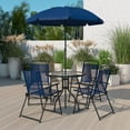 thumbnail image 1 of Emma + Oliver 6 Piece Navy Patio Garden Set with Umbrella Table and Set of 4 Folding Chairs, 226 lbs, Meatal, 1 of 13