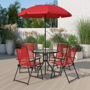 Emma + Oliver 6-Piece Outdoor Furniture Set with Patio Table, Umbrella, and 4 Chairs, Red