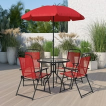 Emma + Oliver 6 Piece Red Patio Garden Set with Umbrella Table and Set of 4 Folding Chairs