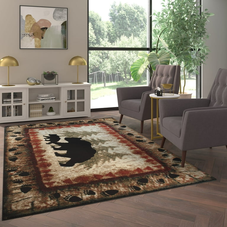 Emma Oliver Ursa 6 X9 Rustic Cabin Or Lodge Theme Rug With Bear And Cub Design Trees In Background Track Patterned Edges