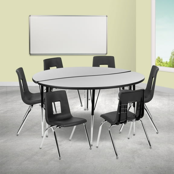 Emma + Oliver 60" Circle Wave Activity Table Set with 16" Student Stack Chairs, Grey/Black