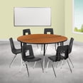 thumbnail image 1 of Emma + Oliver 60" Circle Wave Activity Table Set with 18" Student Stack Chairs, Oak/Black, 1 of 13