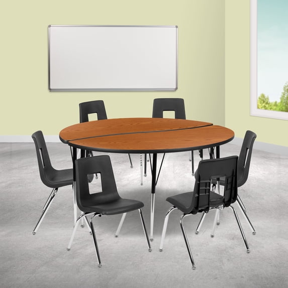 Emma + Oliver 60" Circle Wave Activity Table Set with 18" Student Stack Chairs, Oak/Black