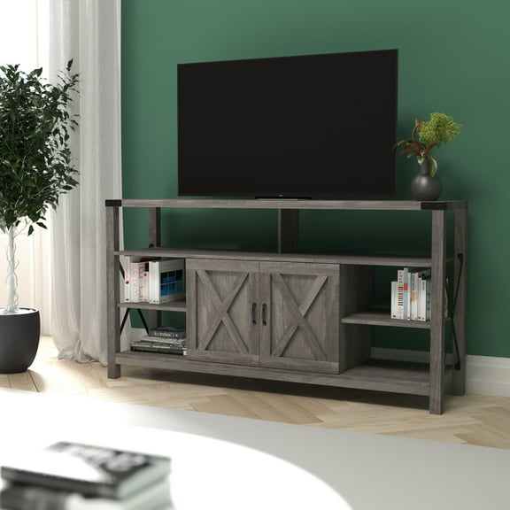 Emma + Oliver 60 Inch Modern Rustic Farmhouse Media Console Cabinet in Graywash with Spacious Open and Closed Storage